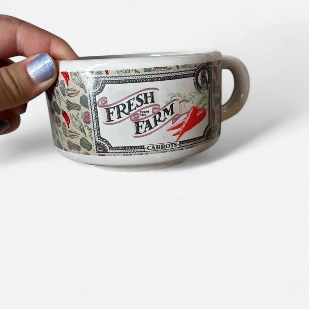 Farmhouse coffee mug off-white ceramic w/ Farm Fresh Farm Peas /Carrots graphic